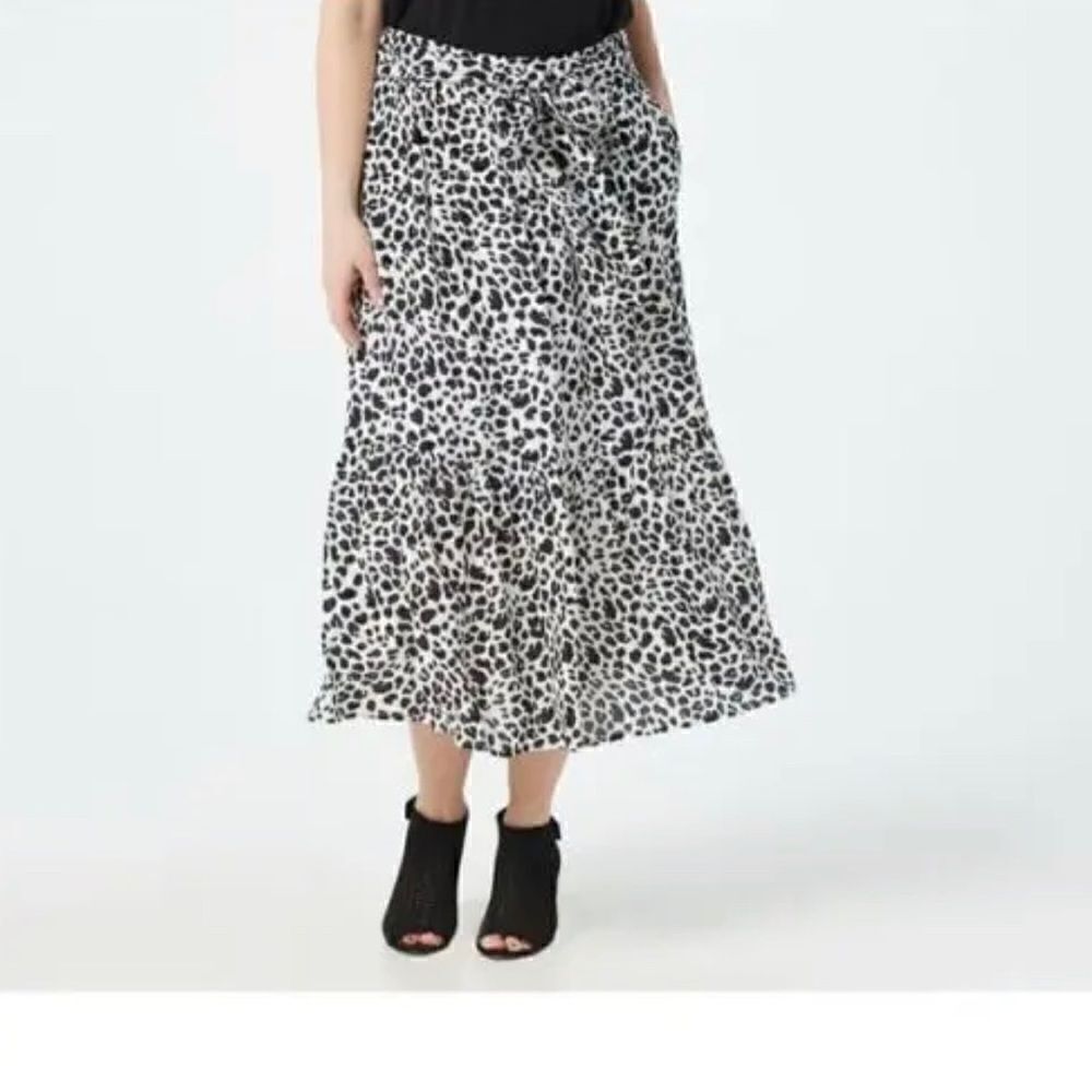 Gibson Look Tiered Belted Midi Skirt Blk Wht Cheetah